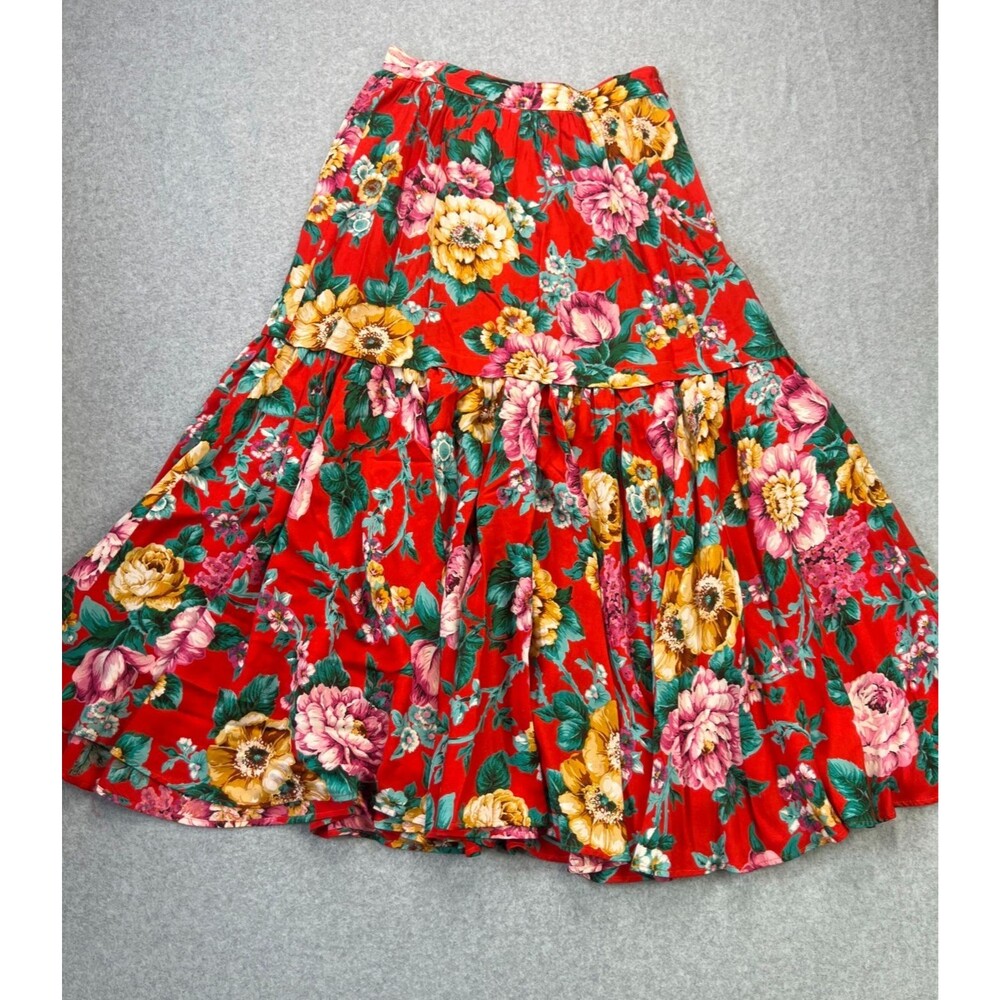 Carole Little Saint Tropez West Maxi Skirt 10 Red Floral Tiered Cottagecore